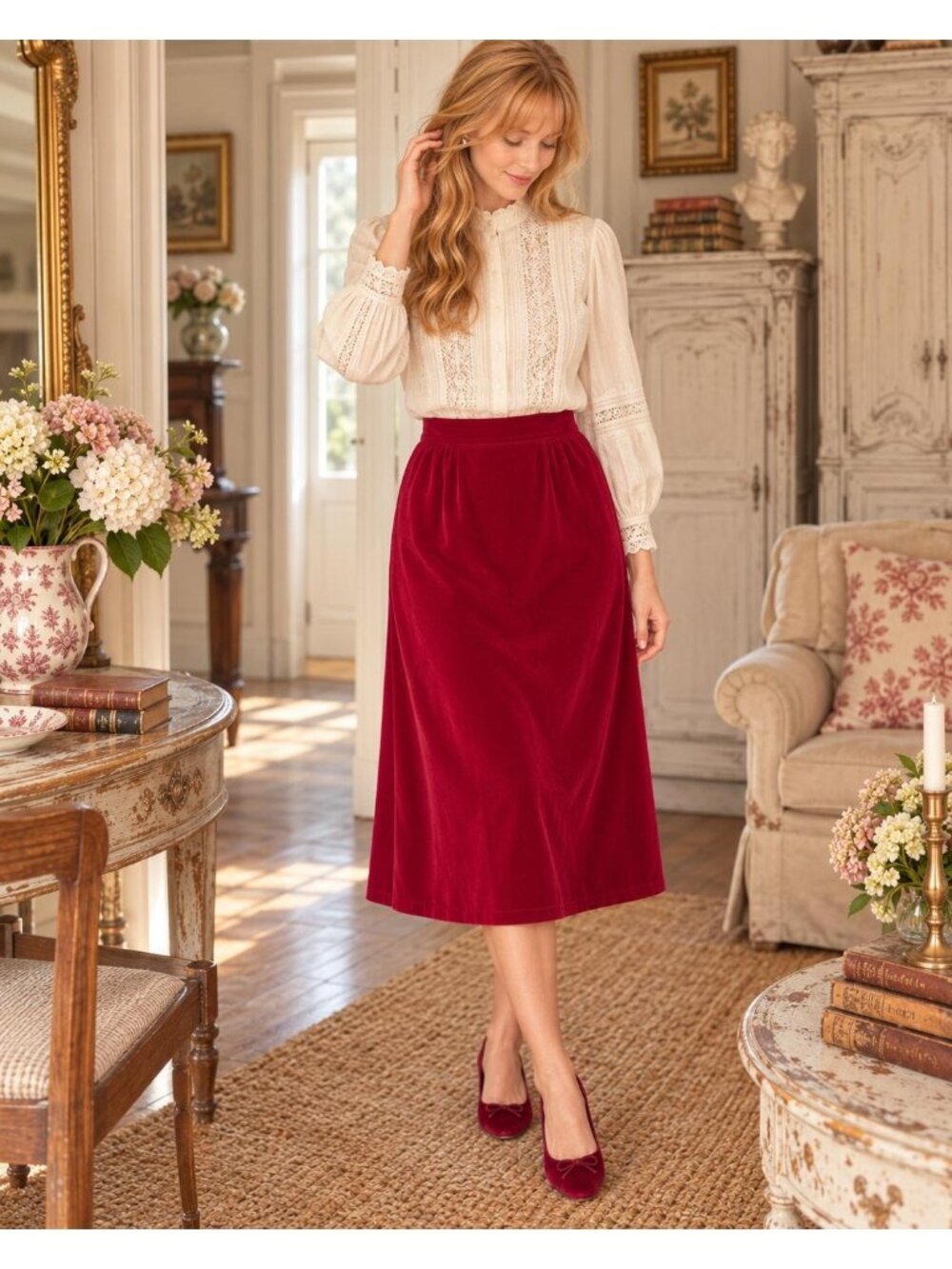 Vintage Red Velvet Skirt Size M/L | Piece Time Velvet Midi Skirt | Burgundy Ruby
